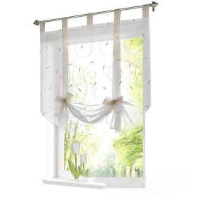 Embroidered Pastoral Adjustable Curtain Rod Ribbon Roman Window Screen (Option: Sand-100 × 140cm)